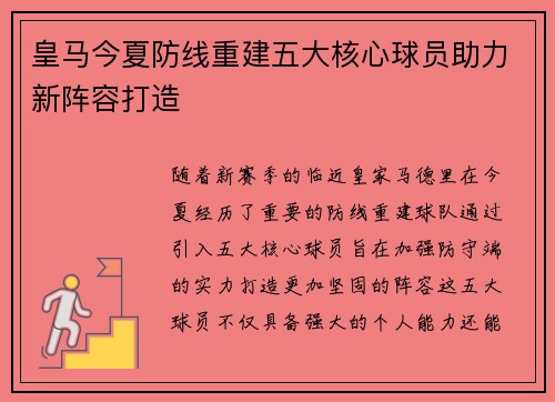 皇马今夏防线重建五大核心球员助力新阵容打造
